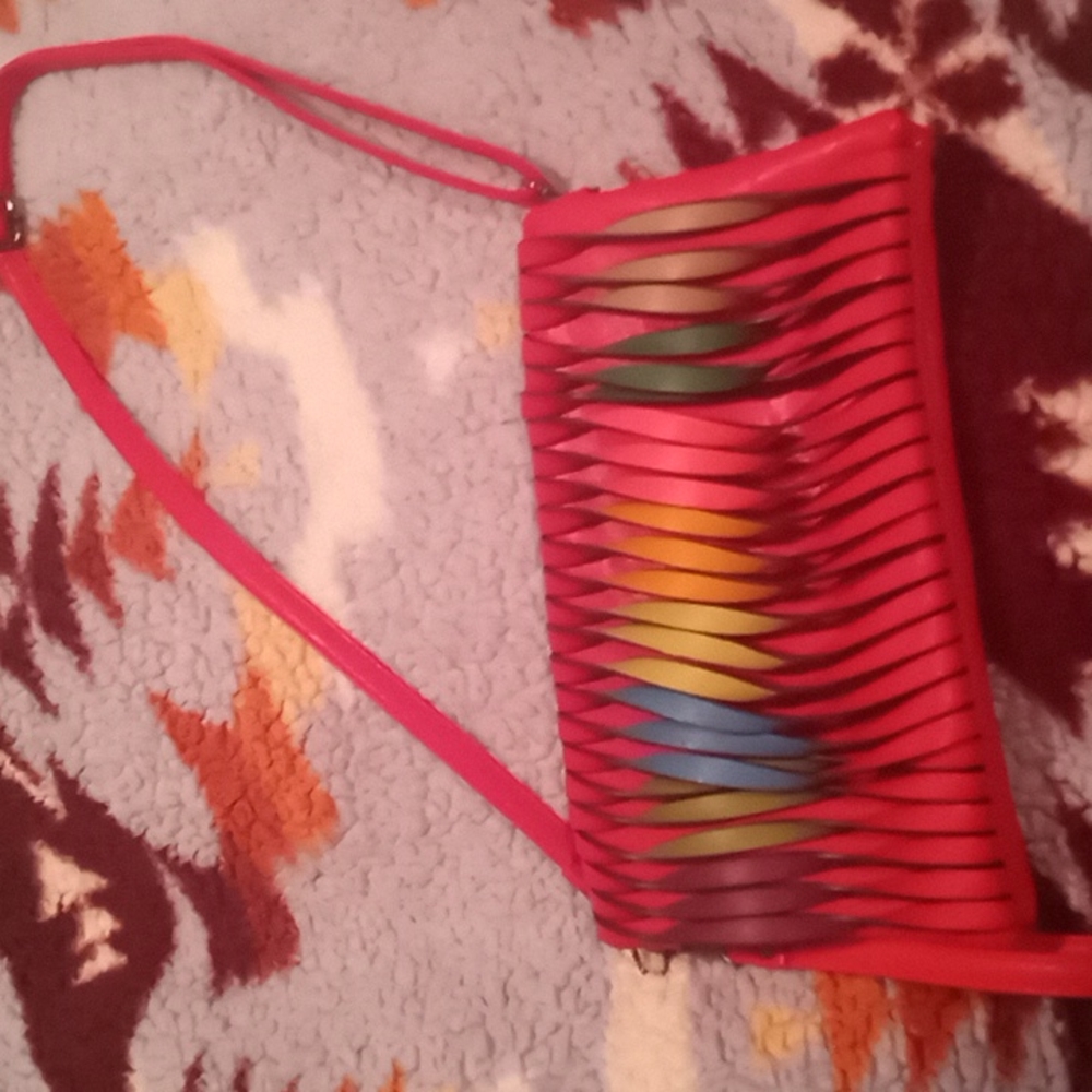 Red multi-colored purse with removqble straps